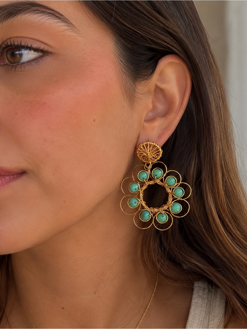 Gold & Turquoise Statement Earrings | Colombian Artisan
